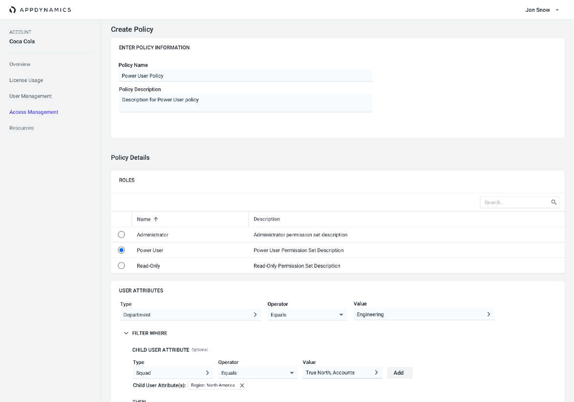 Create Policy screen: policy name and description, a roles table with Administrator, Power User and Read-Only, and a user attributes block filtering where department equals engineering and squad equals True North, Accounts.