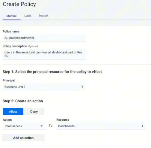 Create Policy in manual mode: pick the principal resource, then create an action — allow read access to dashboards — with tabs for manual, code and import.