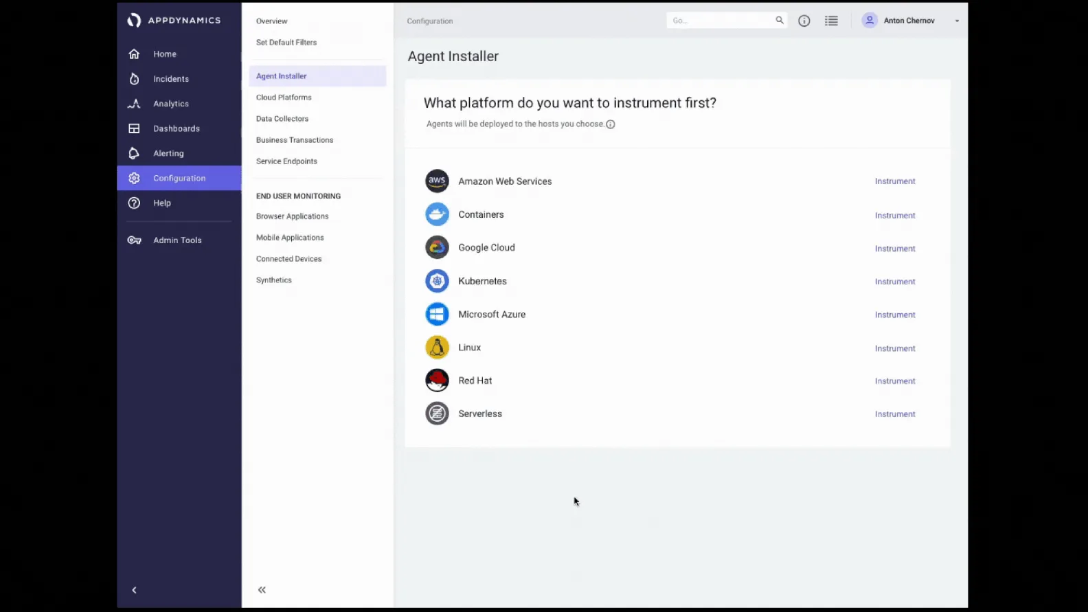 The AppDynamics Agent Installer asking which platform to instrument first, listing AWS, Containers, Google Cloud, Kubernetes, Azure, Linux, Red Hat and Serverless.