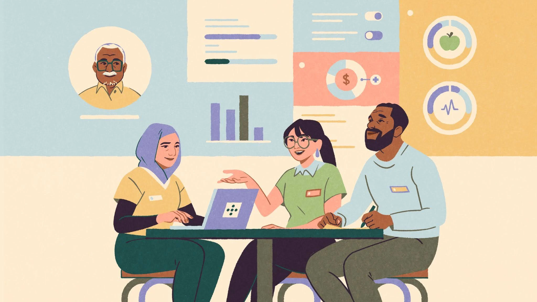 Illustration of a care team working together around a table.