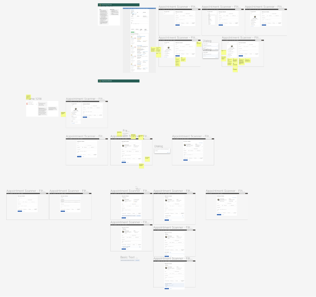 Canvas of flow and wireframe explorations for the admission form and board.