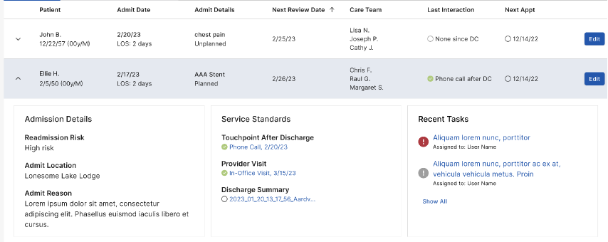 Layout option 3 — admission details, service standards and recent tasks.