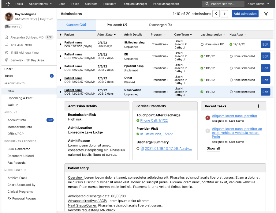 Option A — the admissions view inside Panel Management, beside the patient sidebar.