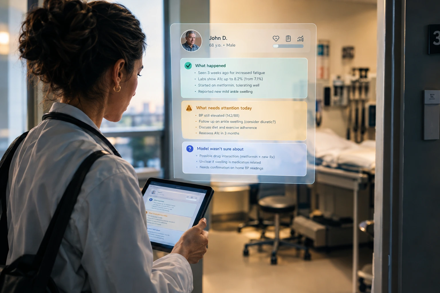 A physician outside an exam room reading a structured pre-visit briefing on a tablet: what happened, what needs attention today, and what the model wasn't sure about.
